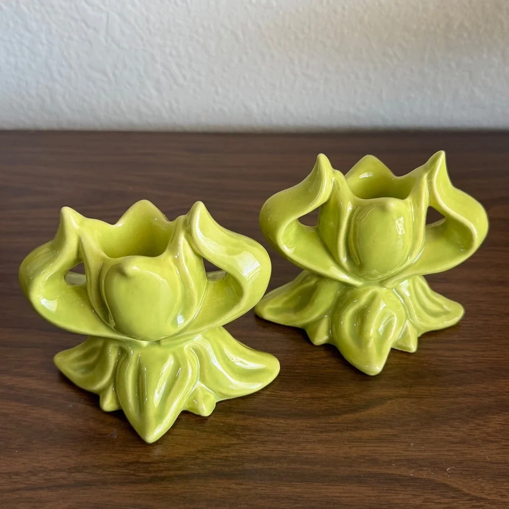 Vintage Chartreuse Green Ceramic Tulips Floral Candle Holder Set of 2 MCM READ